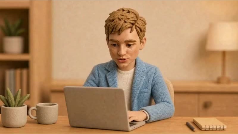 Sam sichtet Bewerbungen an seinem Laptop